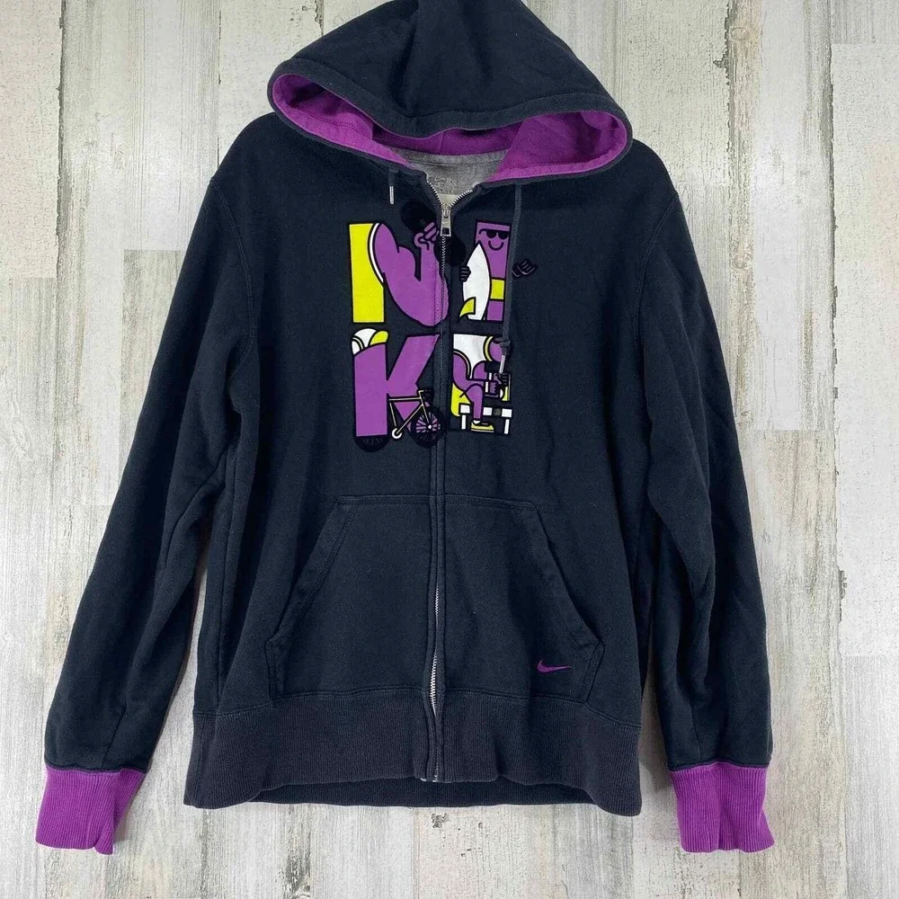 Nike Full Zip Streetwear Hoodie Jacket Womens XL Black Purple Spellout Pockets